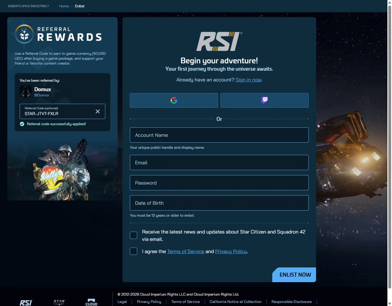 Full RSI enlist page with the referral panel on the left and the account form on the right.